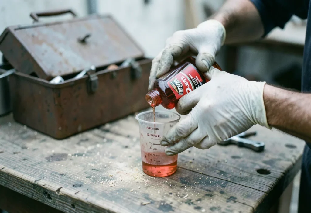 Weathered workbench with 2-cycle oil, chainsaw, and mixing tools. Chainsaw maintenance.