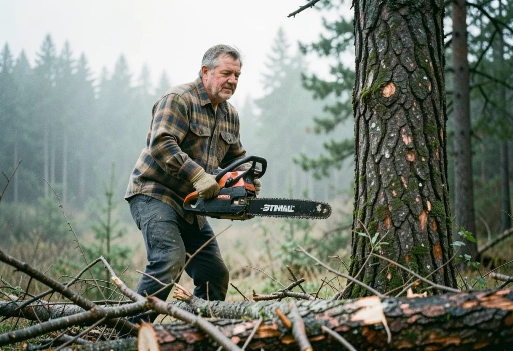 Logger mid-swing with Stihl battery chainsaw, muted outdoor setting.