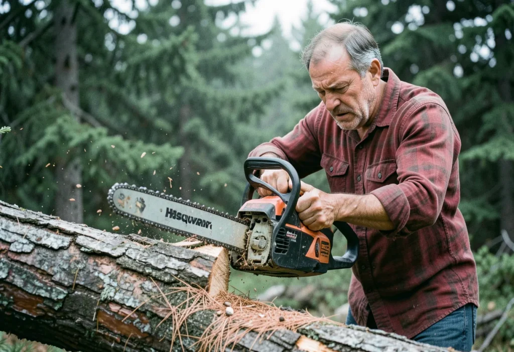 Logger mid-swing with chainsaw in forest. Best Chainsaws 2025.