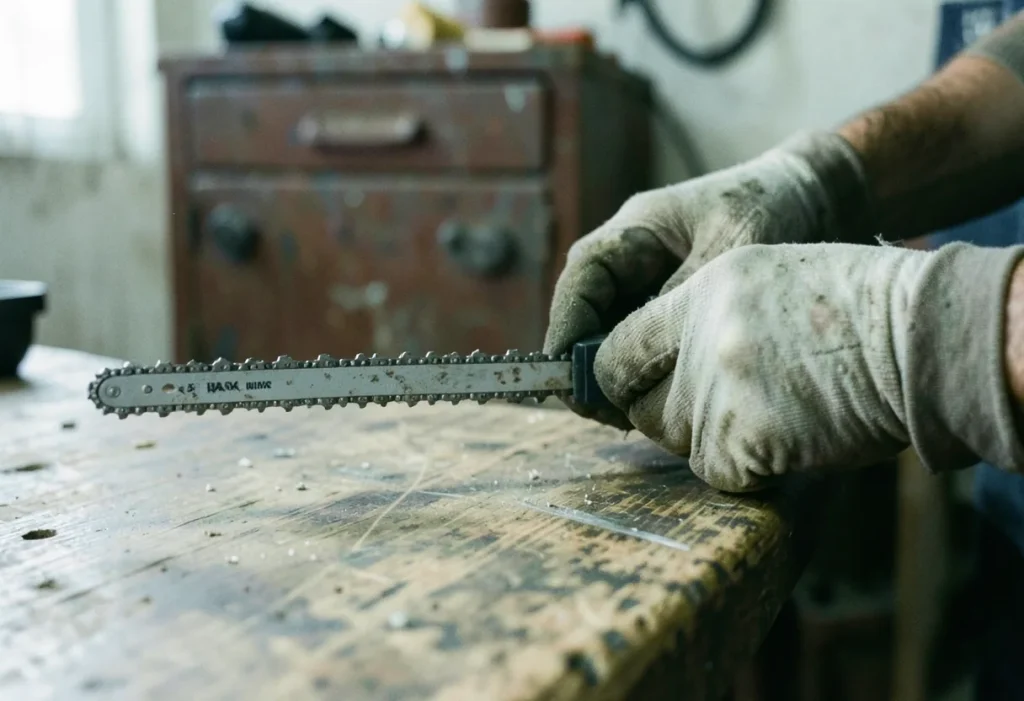 Worn wooden workbench with chainsaw chains, pitch, gauge, and length guide visible.