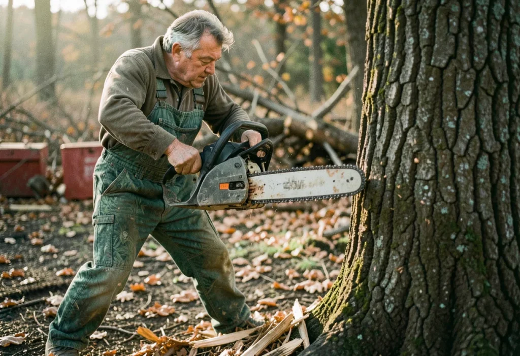 Arborist in green overalls using a battery-powered chainsaw, muted colors, soft light.