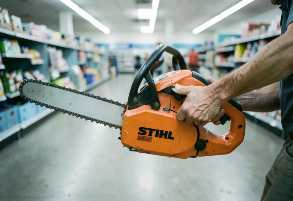 Weathered hand gripping bright orange STIHL chainsaw, Lowe's chainsaws selection.