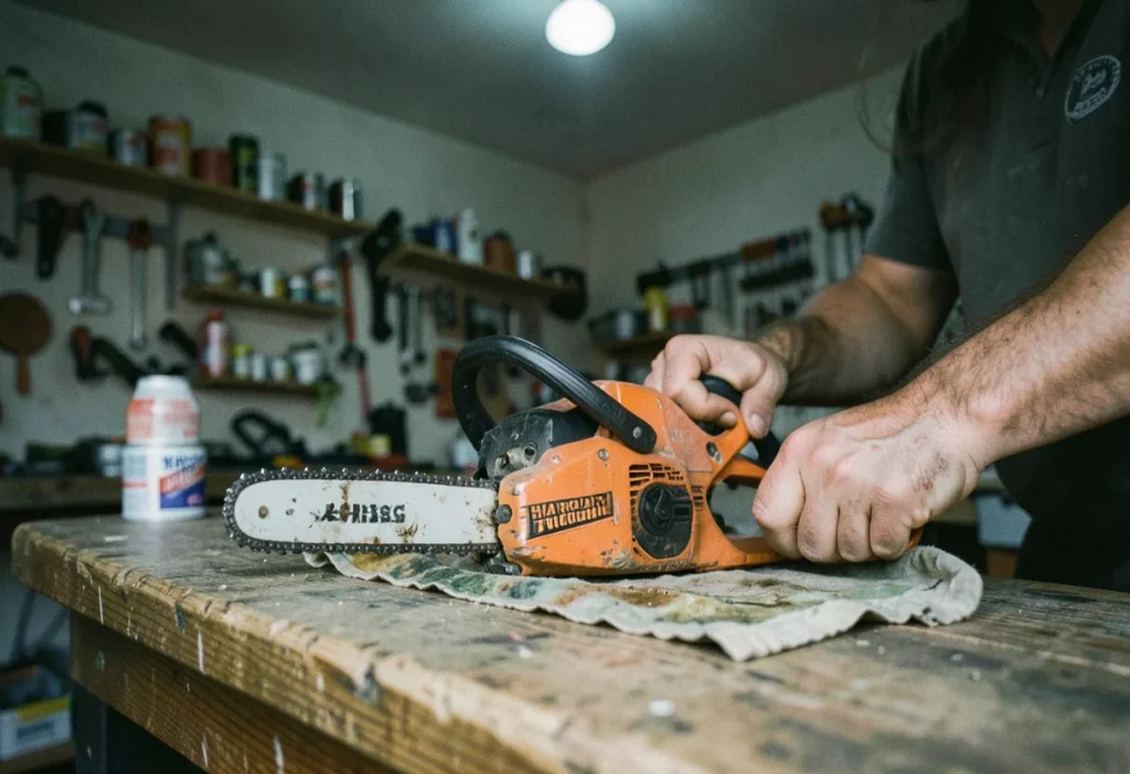Weathered workbench with chainsaws, Harbor Freight Chainsaws: Budget Options & Build Quality.