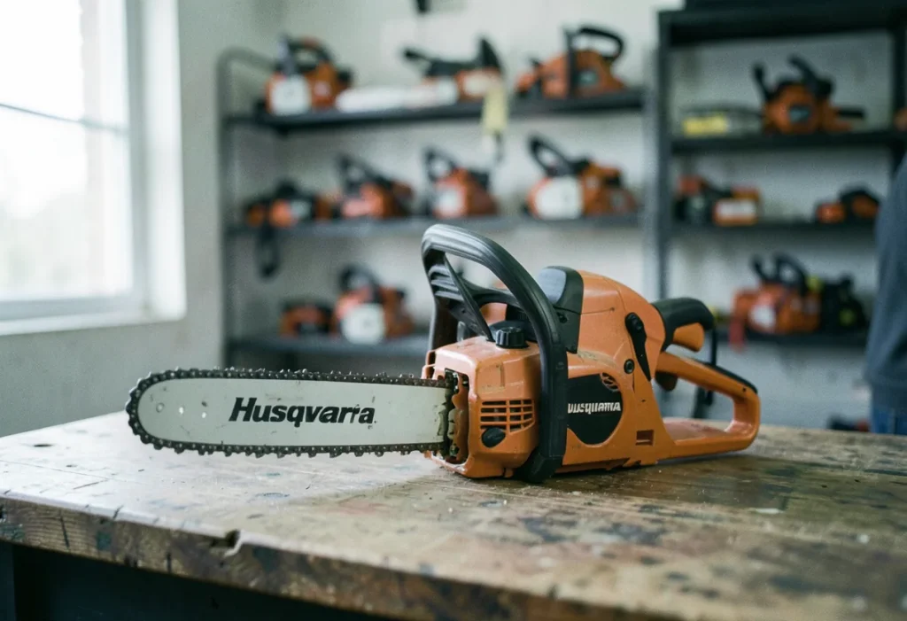 Chainsaw on weathered workbench, local hardware store, inventory guide.