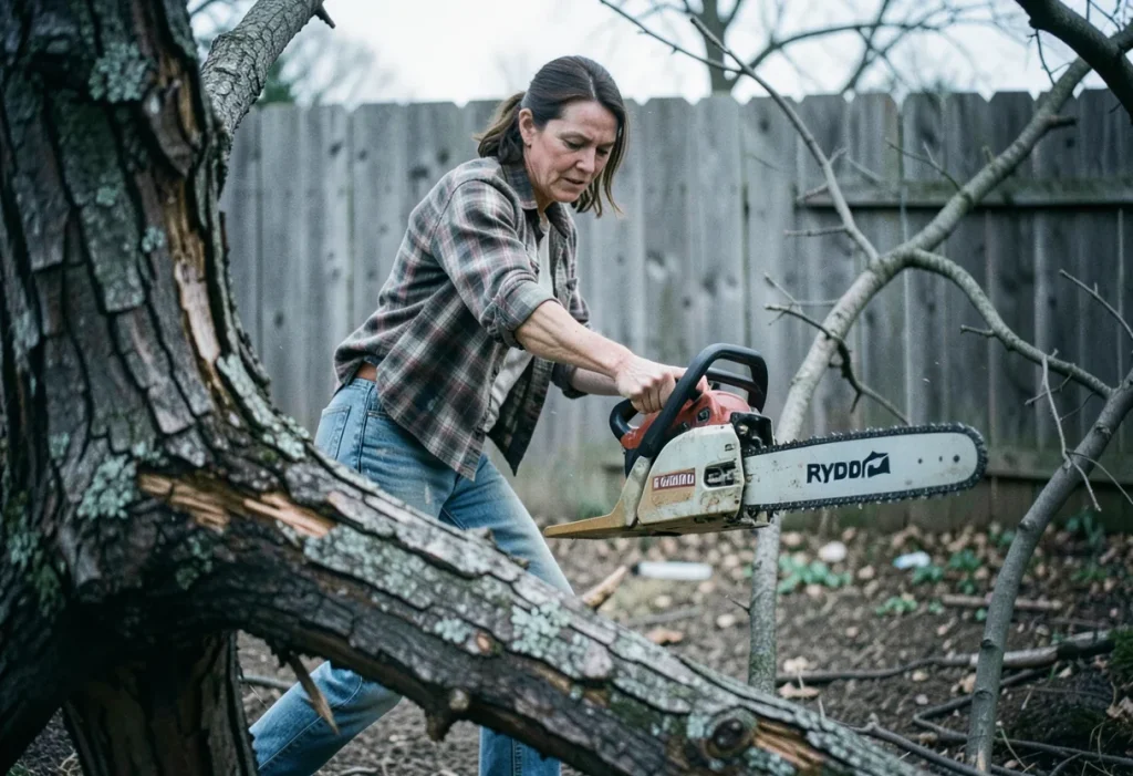 Homeowner in plaid shirt swing Ryobi cordless chainsaw, muted outdoor scene.