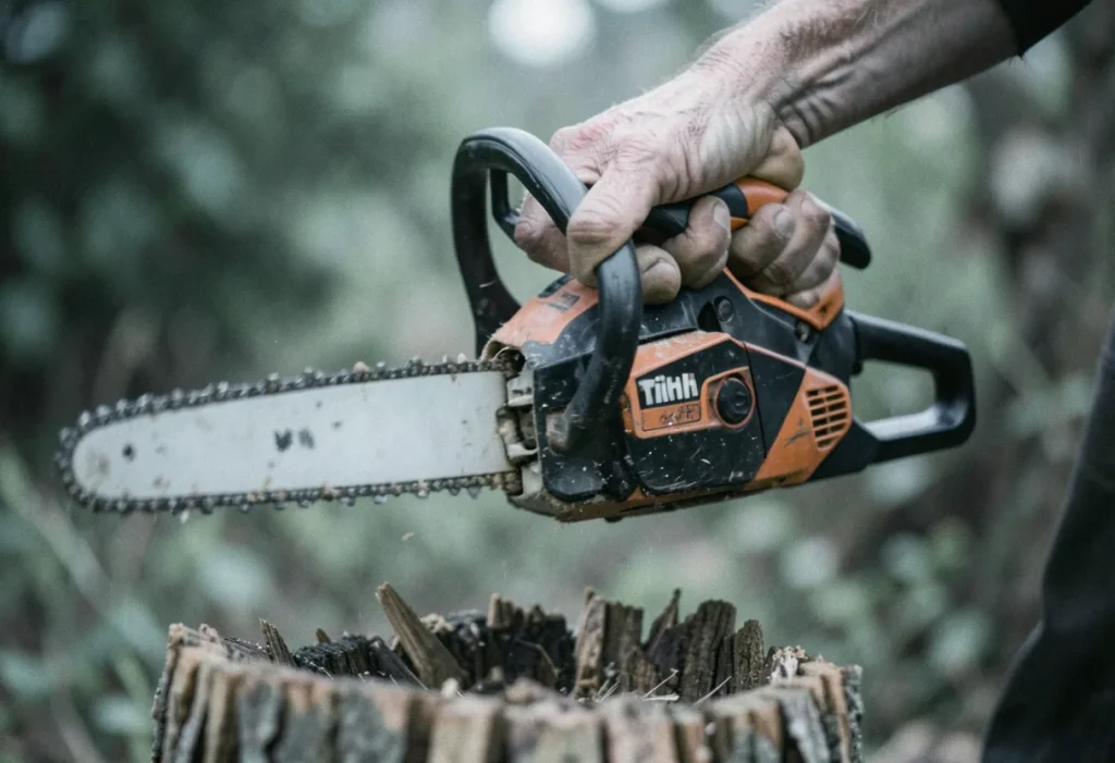 Weathered hand gripping Stihl chainsaw, muted colors, soft lighting. Chainsaw deals discounts.