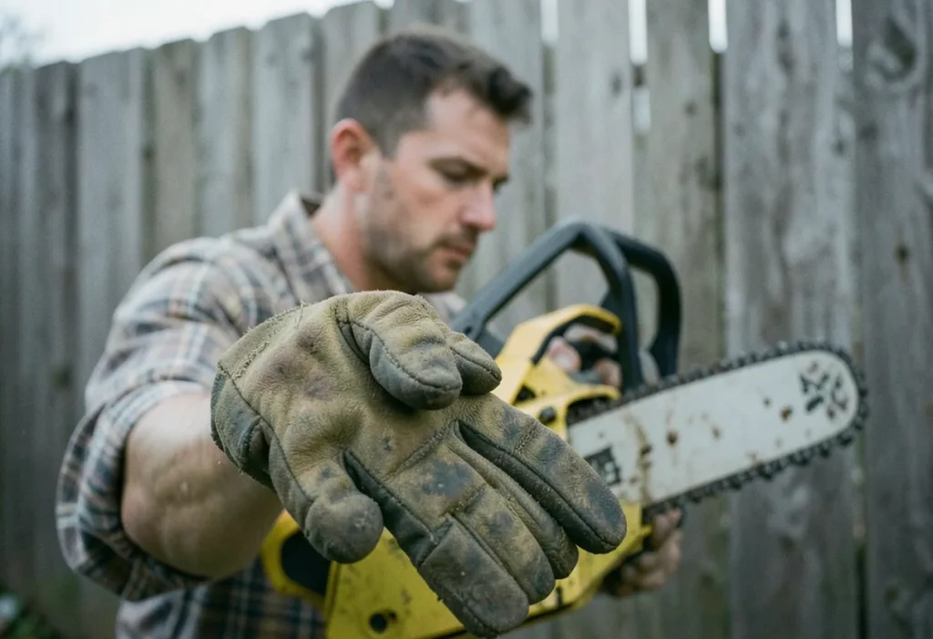 A worn work glove in the foreground, blurred background, chainsaw rental services.