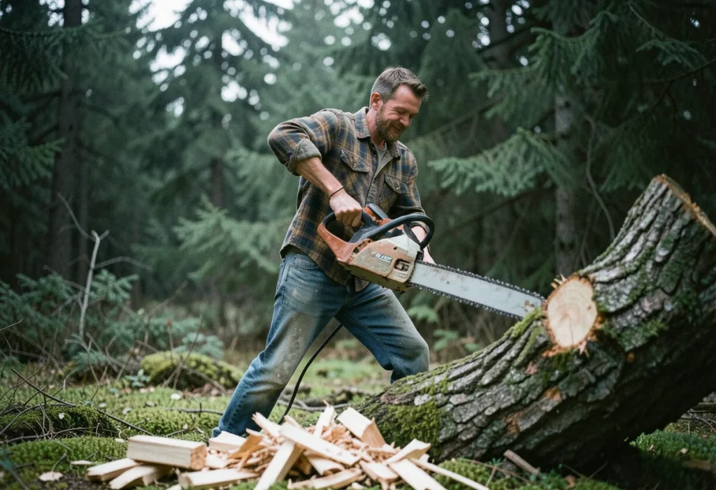 Lumberjack pauses mid-swing with cordless chainsaw in muted forest setting, cordless chainsaws.