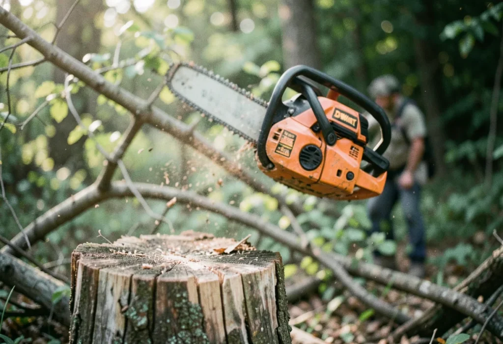A worn wooden stump with visible rings, DeWalt chainsaw resting on it, power tools review.