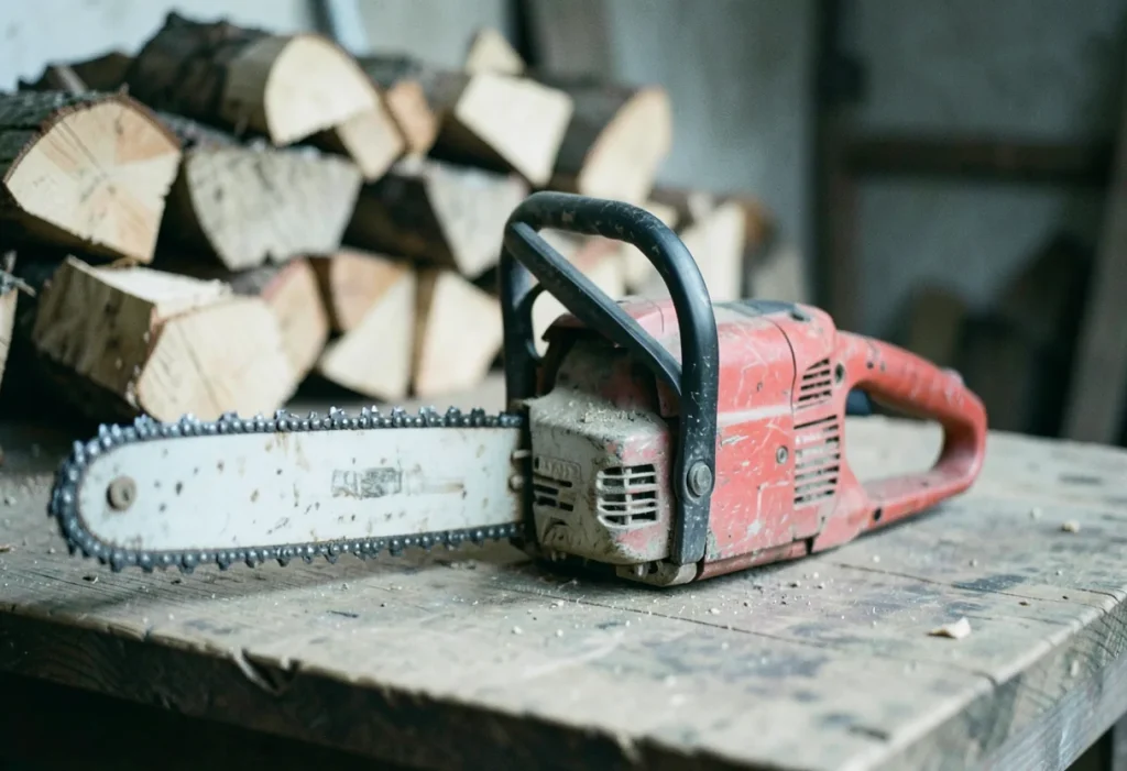 Weathered red ECHO chainsaw with chipped paint, showcasing durability. ECHO Chainsaws: Professional Grade Models & Durab