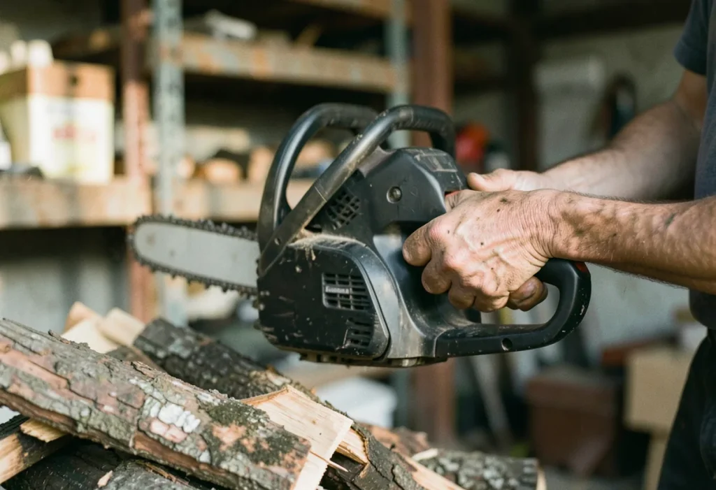 Calloused hands grip corded and battery electric chainsaws, performance comparison buying guide.