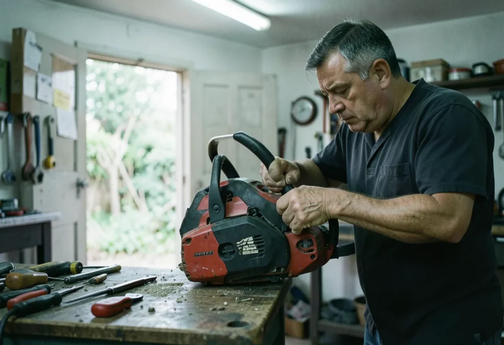 Mechanic maintaining heavy-duty gas chainsaw, muted colors, soft lighting, worn hands at work.