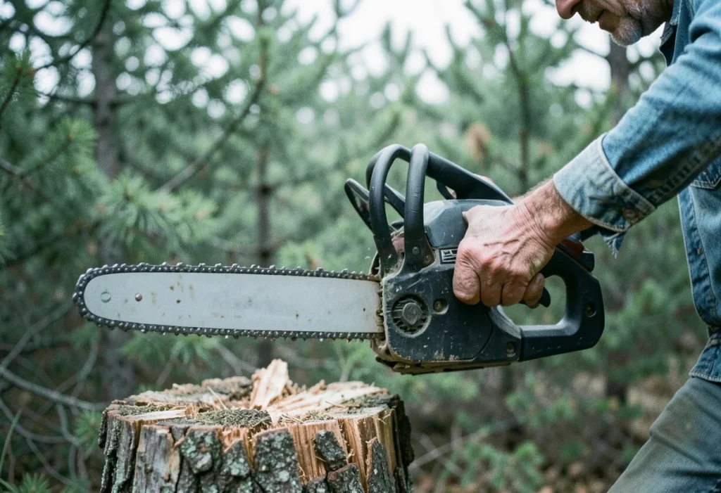 Arborist's calloused hand gripping ergonomic handheld chainsaw handle, muted colors, soft light