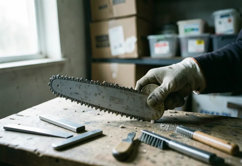 A gloved hand files a chainsaw blade, demonstrating sharpening technique. Chainsaw sharpening guide.