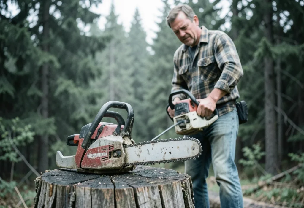 Worn red and grey Husqvarna 550 XP Mark II chainsaw, muted colors, soft lighting