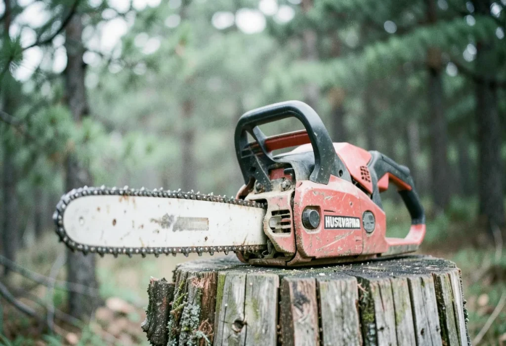 Husqvarna 440 chainsaw, red and grey, slightly worn, in diffused light.