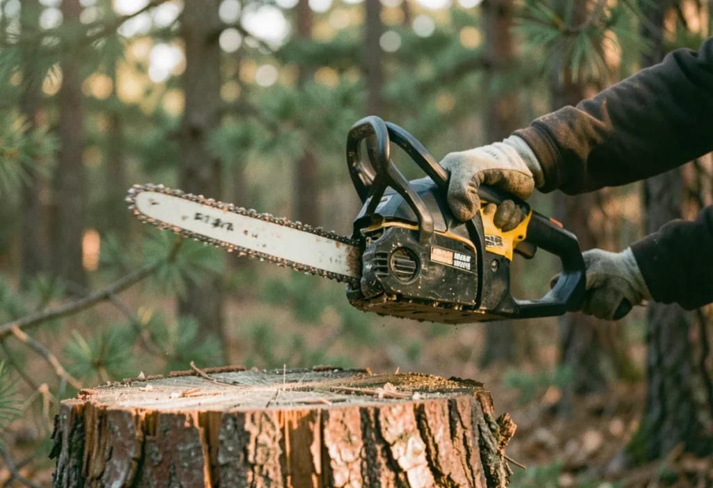 Weathered red oak stump with chainsaw nearby, Milwaukee M18 Fuel performance review.
