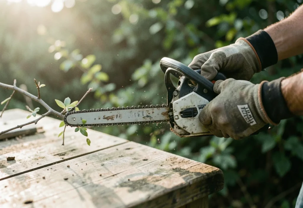 Worn wooden workbench with mini chainsaw, pruning tools. Compact power for light duty.