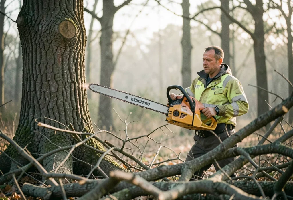 Arborist in high-visibility gear using pole chainsaw, tree trimming safety equipment.