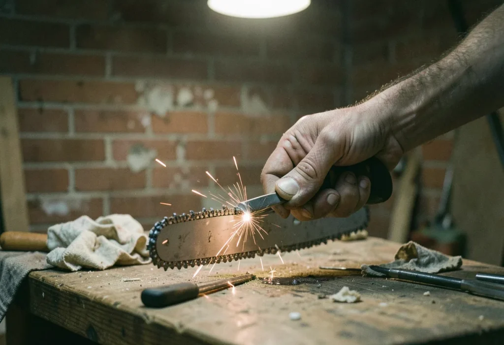 A hand files a chainsaw blade under soft, diffused light. Chainsaw sharpeners.