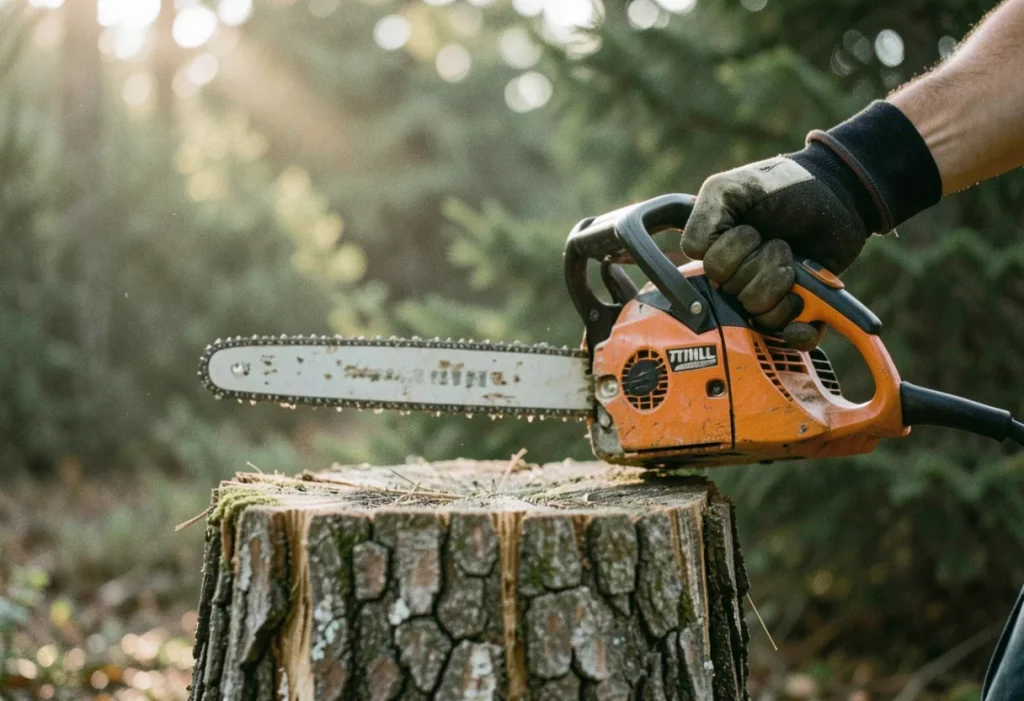 Weathered tree stump with chainsaw marks, Stihl chainsaws buying guide 2025.