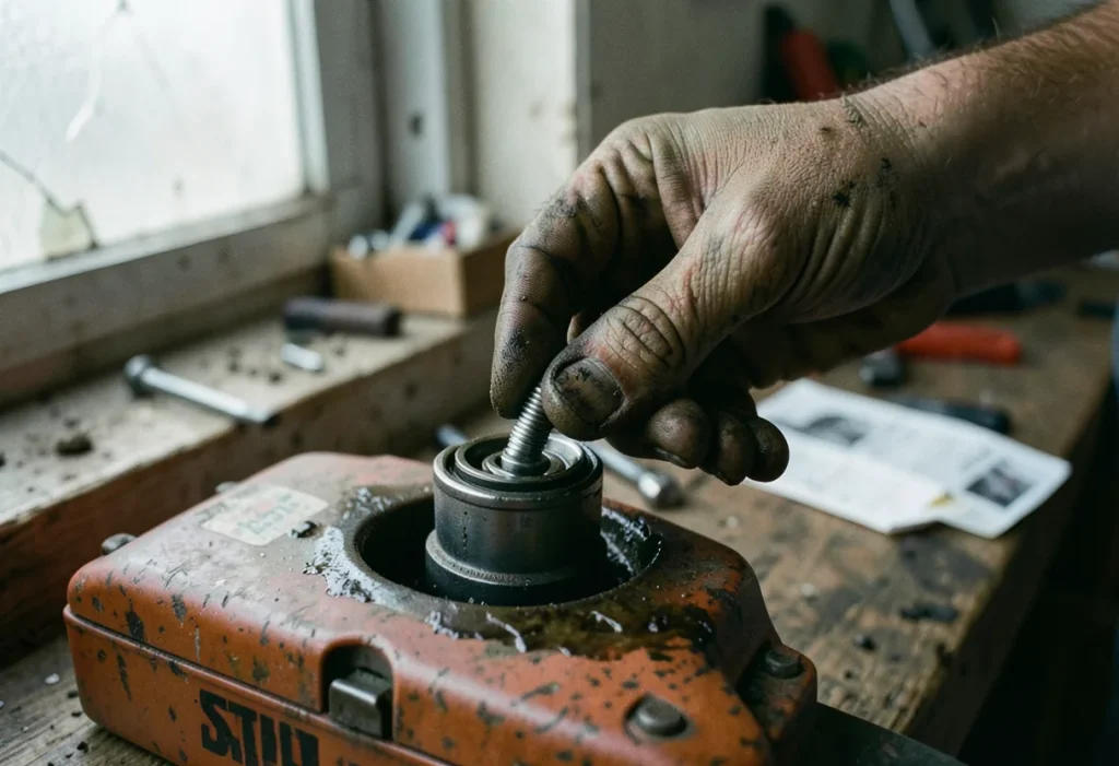 Worn leather-gloved hand holding a chainsaw part, OEM replacement guide.