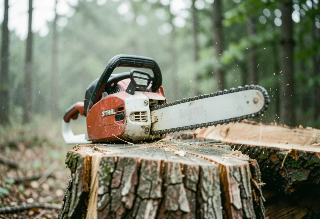 Stihl MS 170 chainsaw cutting wood, muted colors, soft lighting.